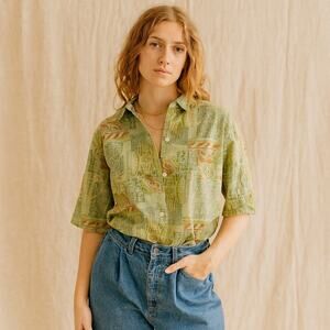 Vintage  1950s Cotton  Green Multiprint Button Up Blouse Top Shirt S/M